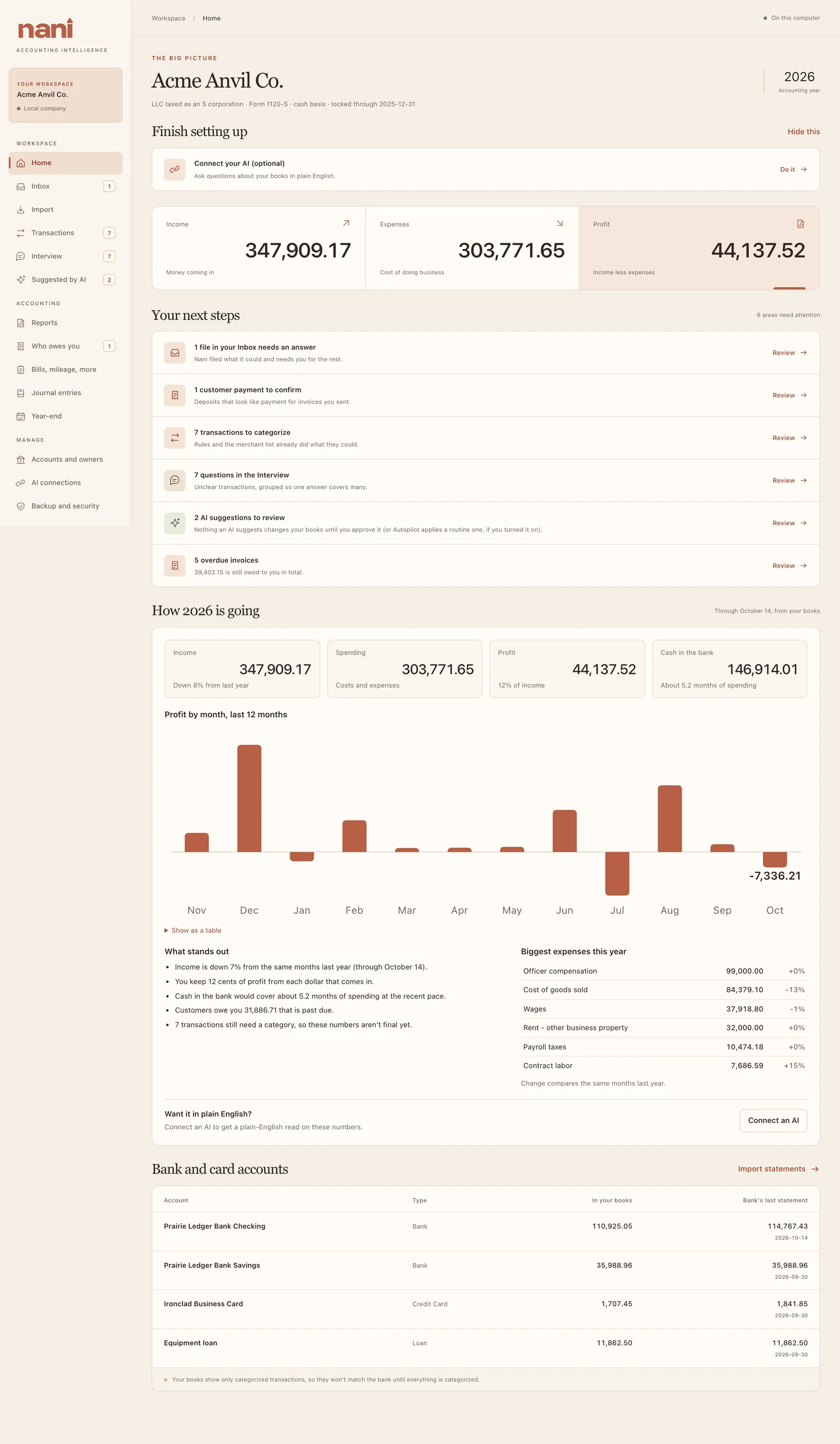 Nani Home showing the fictional Acme Anvil company's income, expenses, and next steps