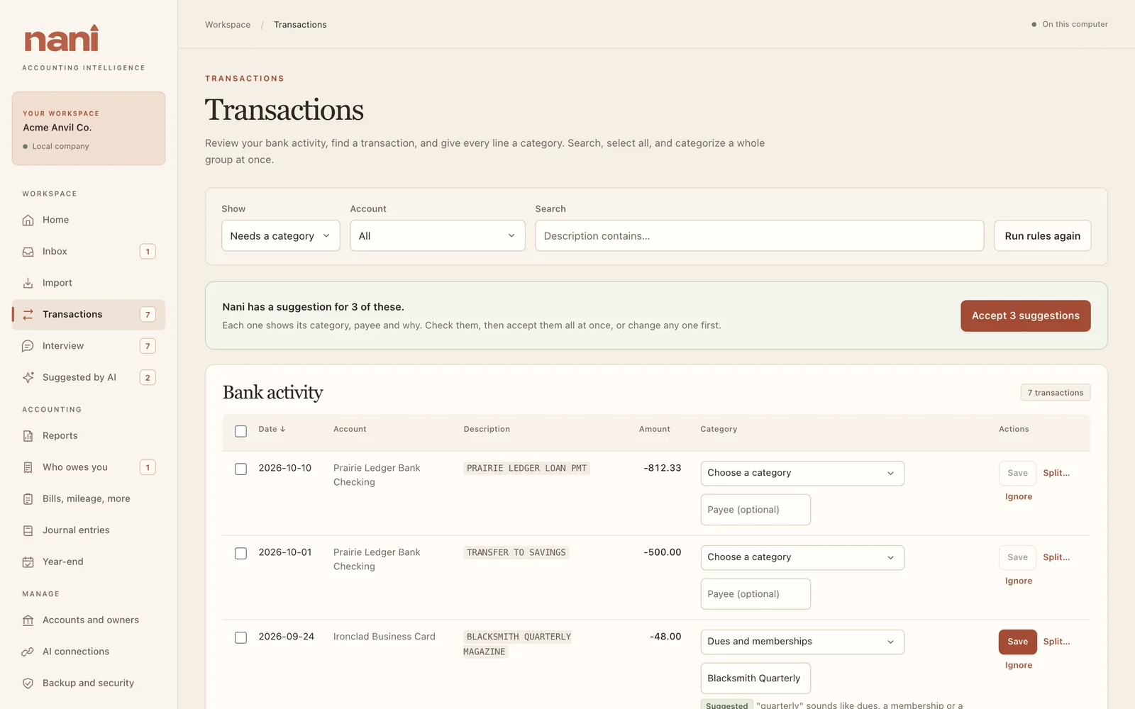 Acme Anvil Co. sample books: transactions awaiting categories in Nani