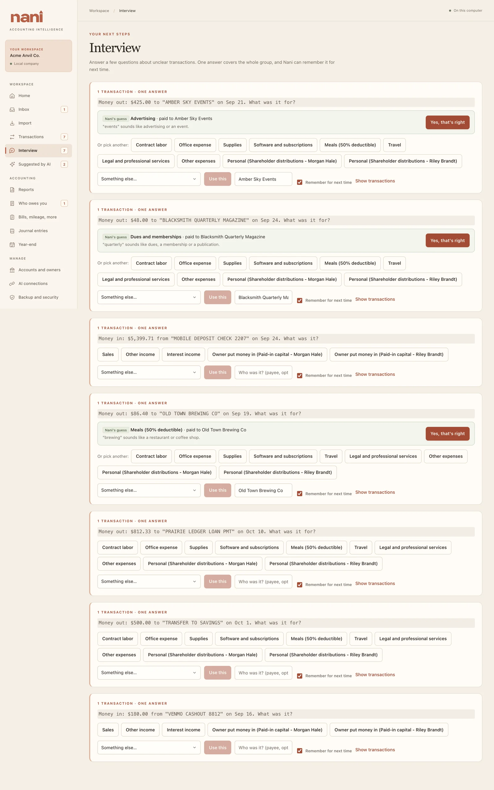 Nani Interview grouping transactions into plain-language questions