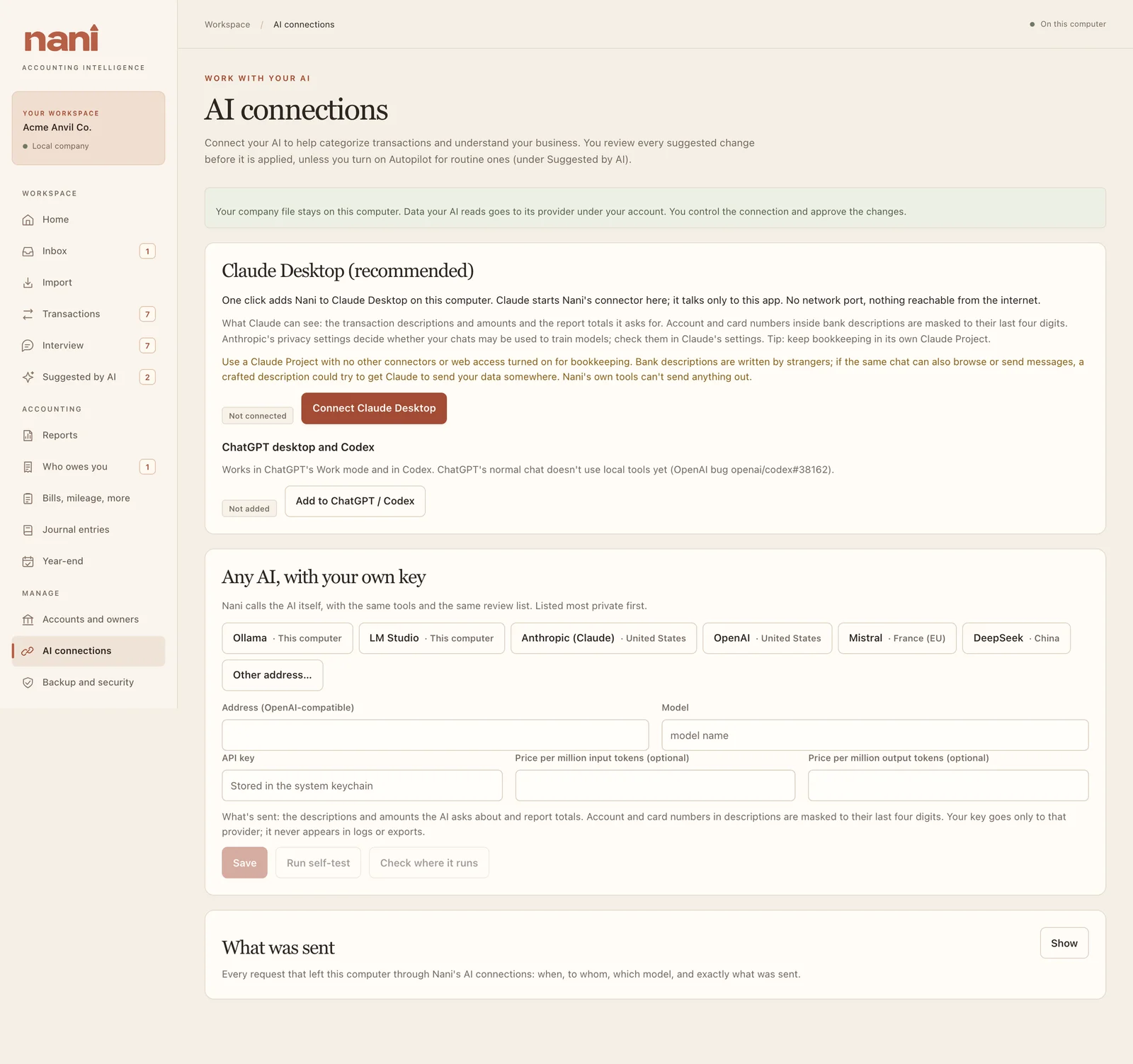 Nani AI connections screen with desktop, API and local-model options for the fictional Acme Anvil Co.