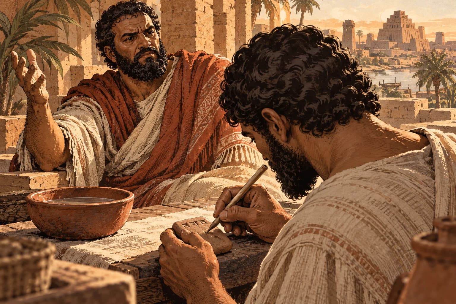 Imagined scene: an emphatic Nanni dictates while a scribe presses a reed stylus into a small clay tablet