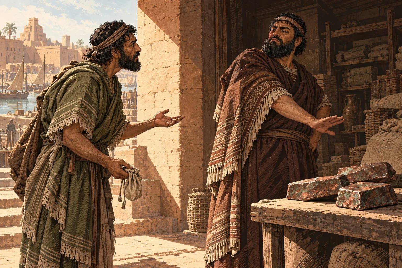 Imagined scene: a messenger holding a pouch faces a dismissive copper merchant at a storeroom entrance