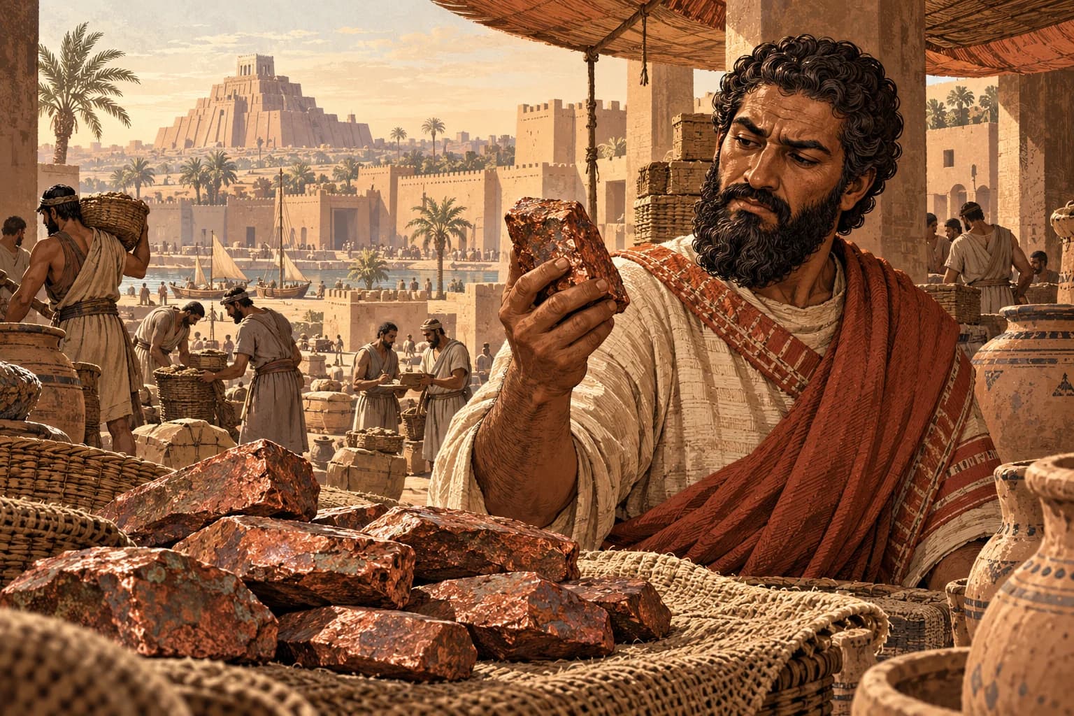 Imagined scene: Nanni examines a copper ingot in a busy courtyard overlooking ancient Ur