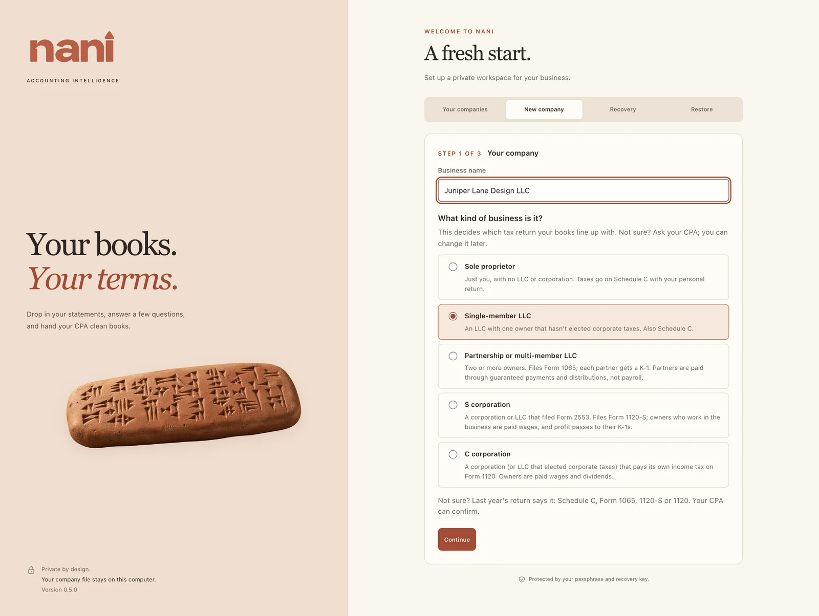 Step 1: your company's name and kind of business.