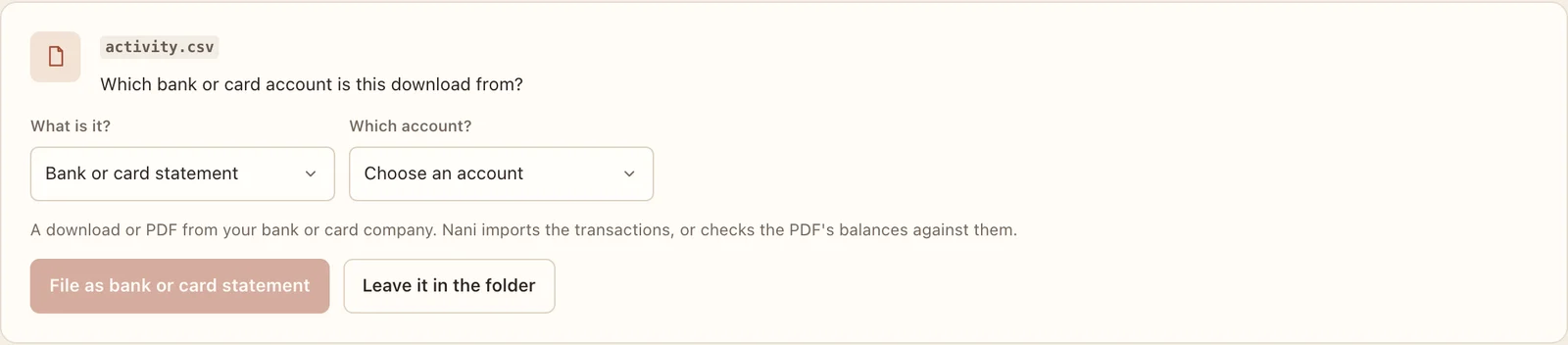 A card download with no account clue: Nani asks which account.