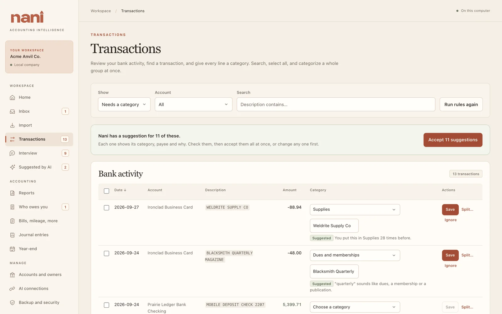 Transactions that need a category, with Nani's suggestions.