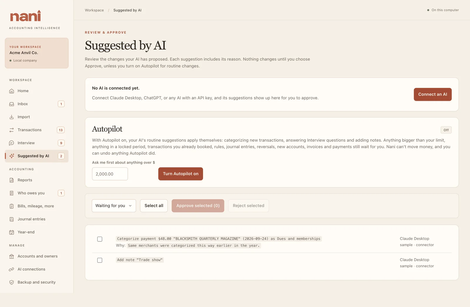 Suggested by AI: the Autopilot card, then suggestions waiting for you.