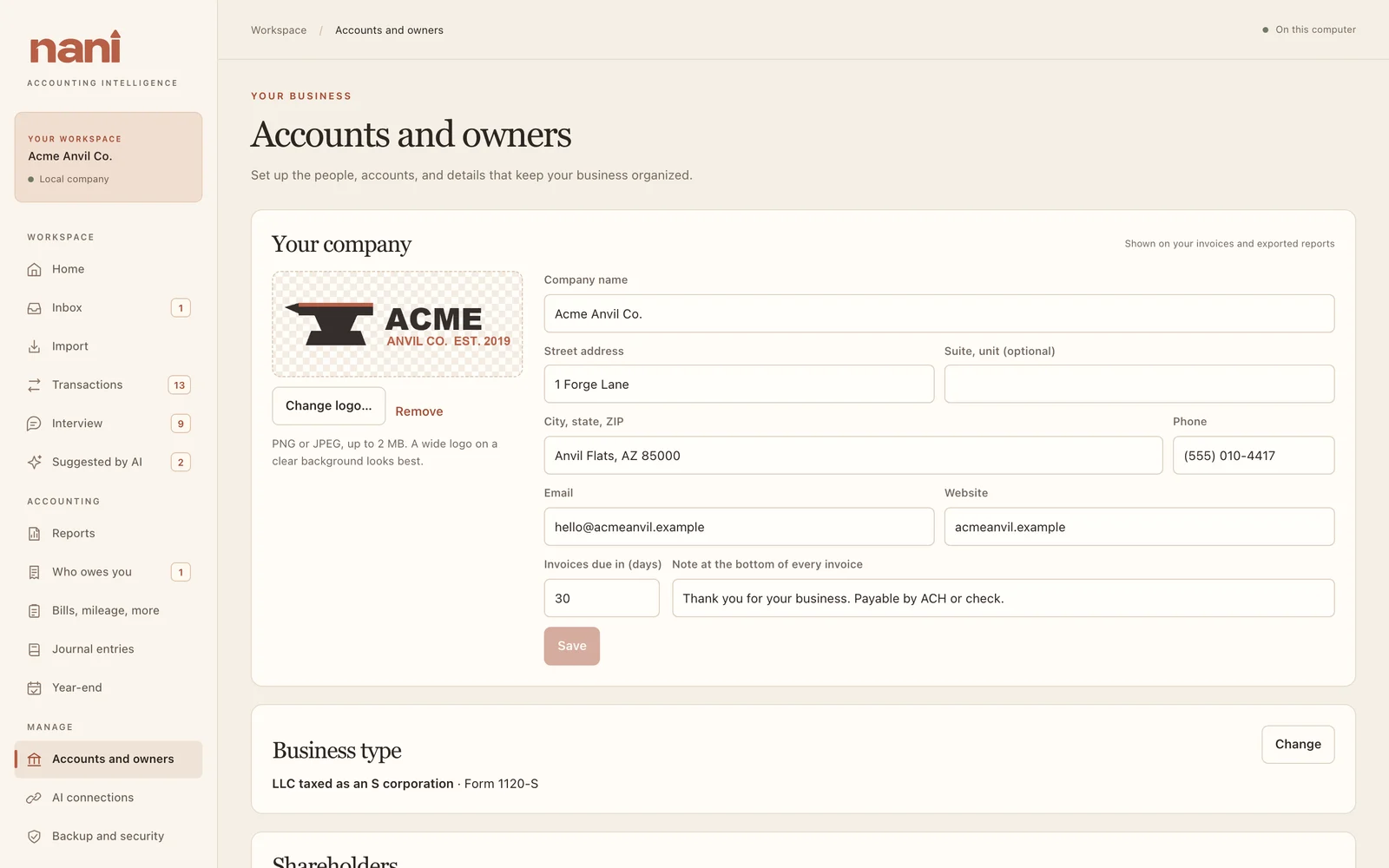 Company information and business settings in Accounts and owners.