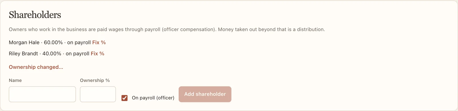 Shareholders with their shares and the Fix % action.