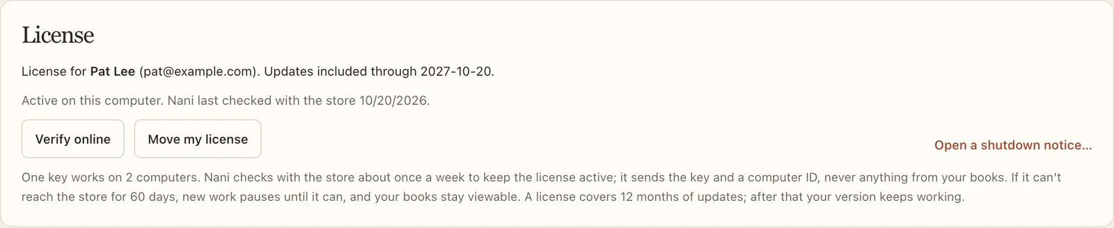 The License card when everything is working.